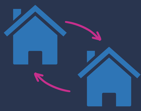 Two Blue Houses With Pink Arrows In Either Direction