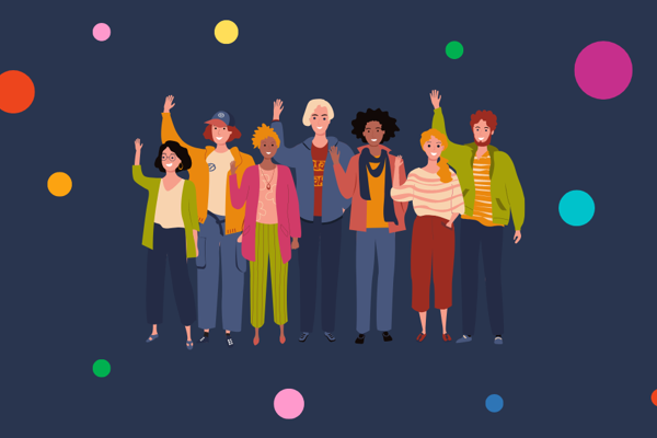 Group Of Mixed People Waving With Colourful Spots around 